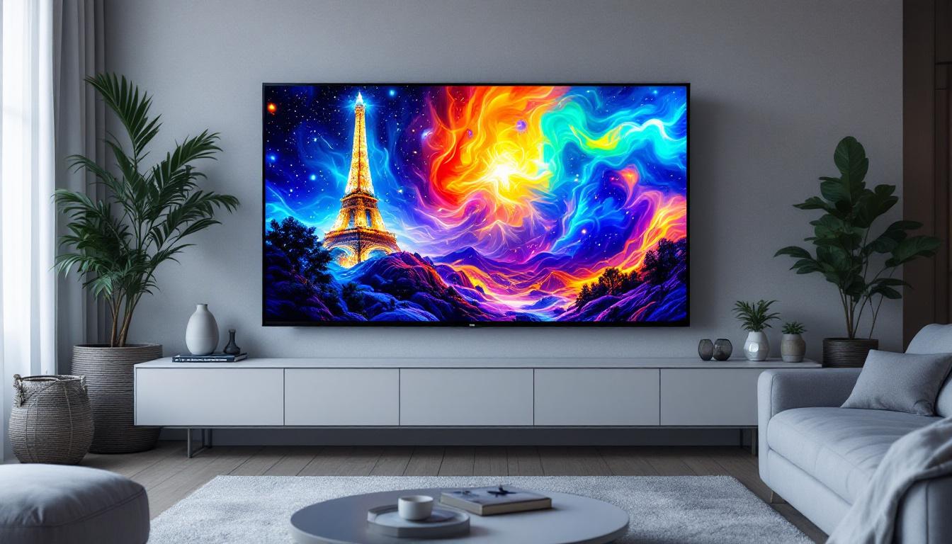 A photograph of a close-up shot of a micro led tv displaying vibrant