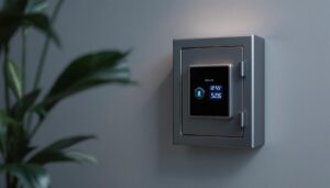 A photograph of a small wall safe with an illuminated led display