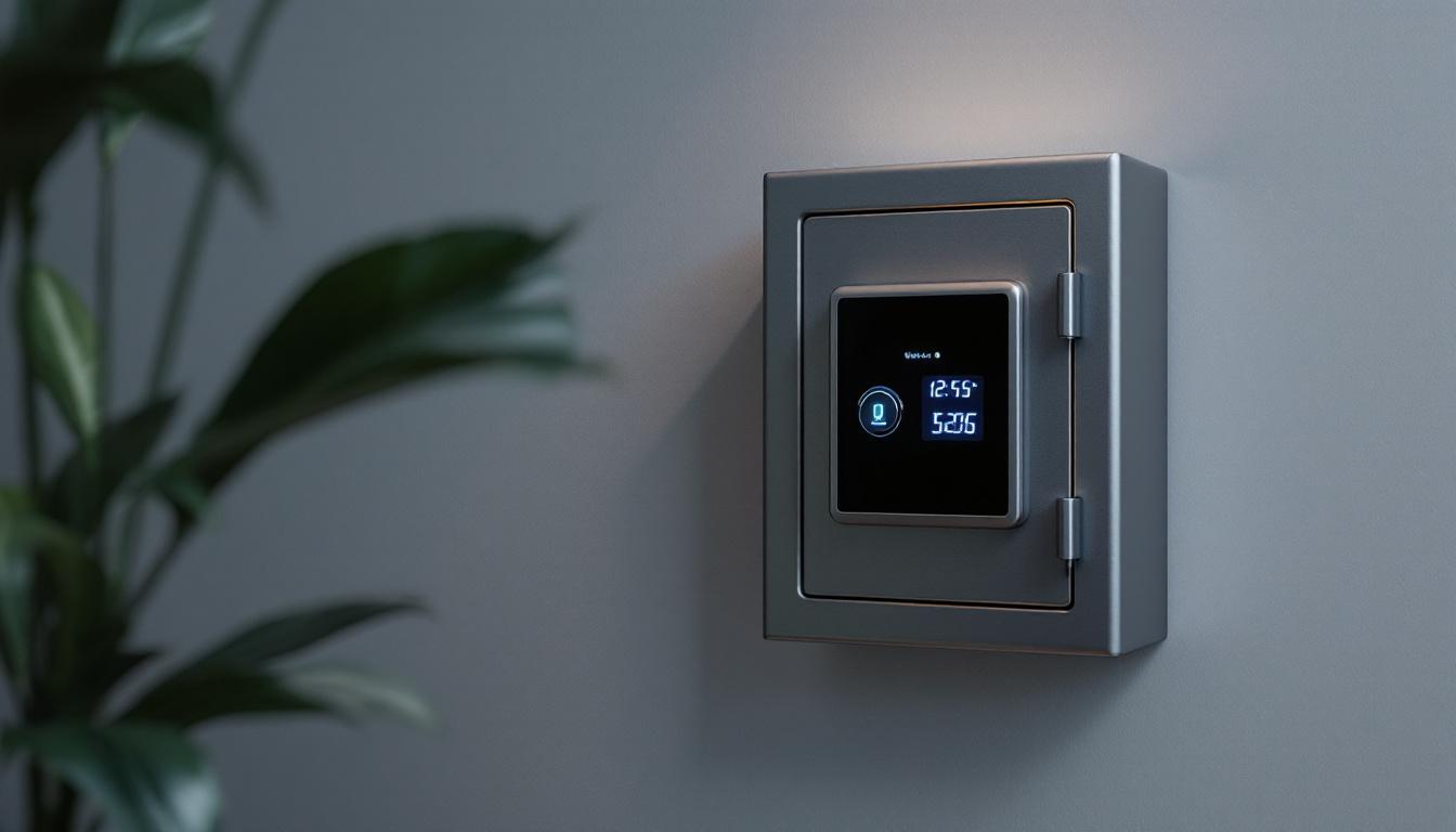 A photograph of a small wall safe with an illuminated led display