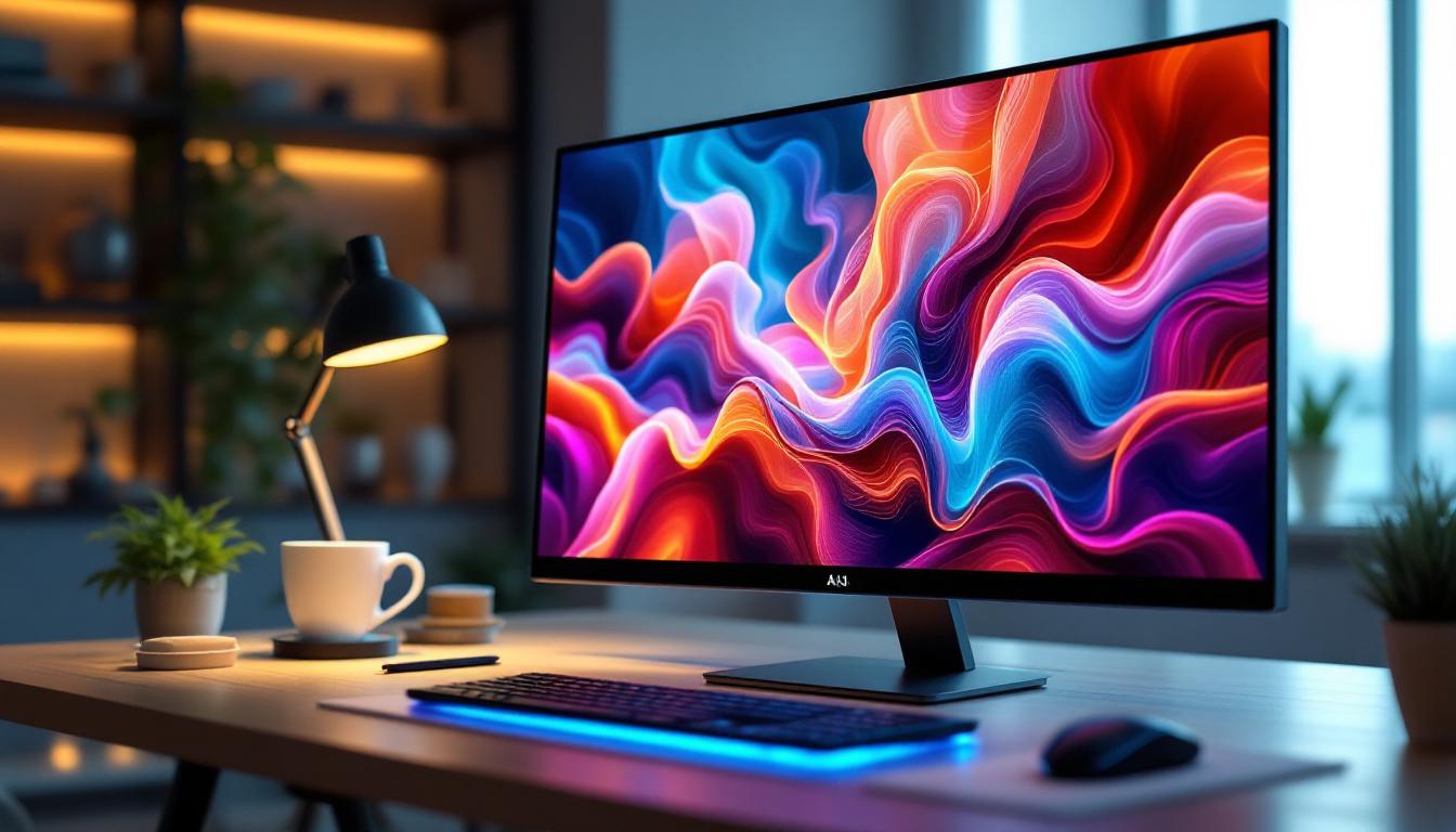 A photograph of a sleek aio touchscreen computer showcasing its vibrant led display in a modern workspace setting