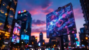 A photograph of a vibrant led display in an urban setting at dusk