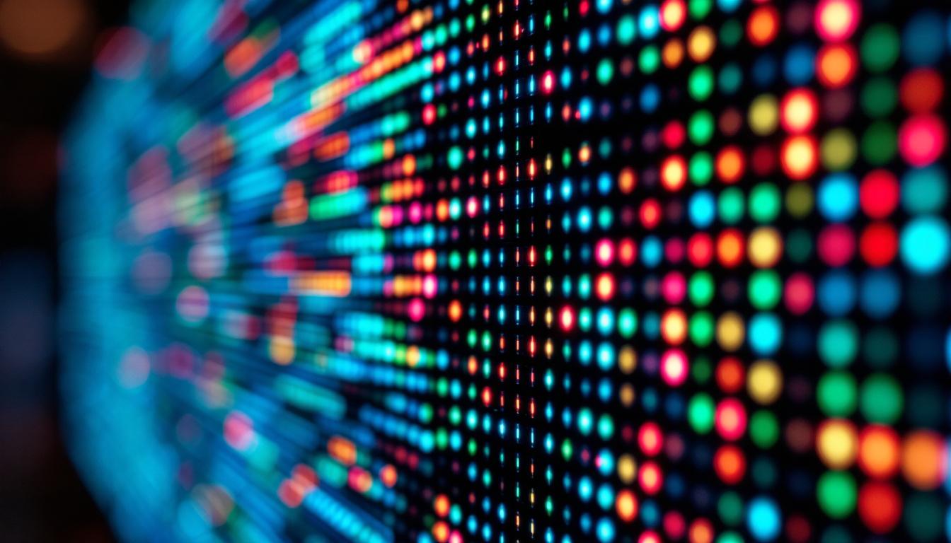 A photograph of a close-up of an led display screen highlighting the intricate dot pitch arrangement