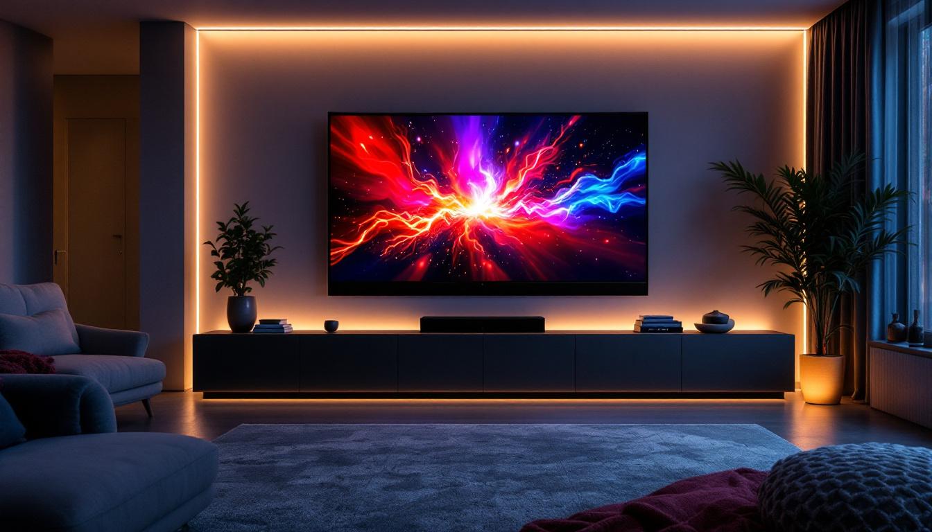 A photograph of a sleek movie cabinet featuring an led display