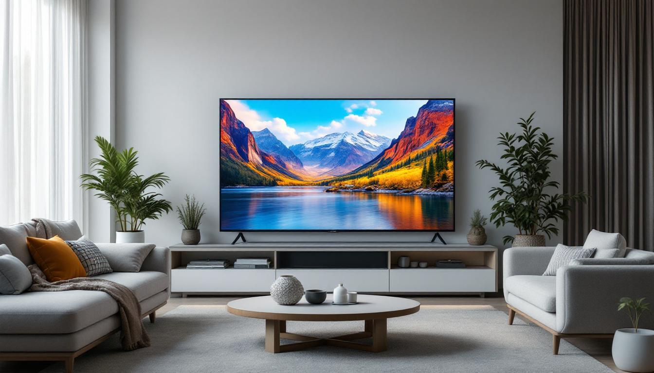 A photograph of a 100-inch led tv displayed in a modern living room setting