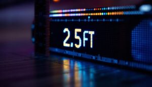 A photograph of a close-up shot of an led display showing the conversion of 2.5 feet to centimeters