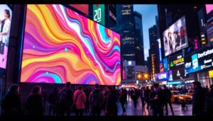 A photograph of a vibrant led display in a bustling urban setting