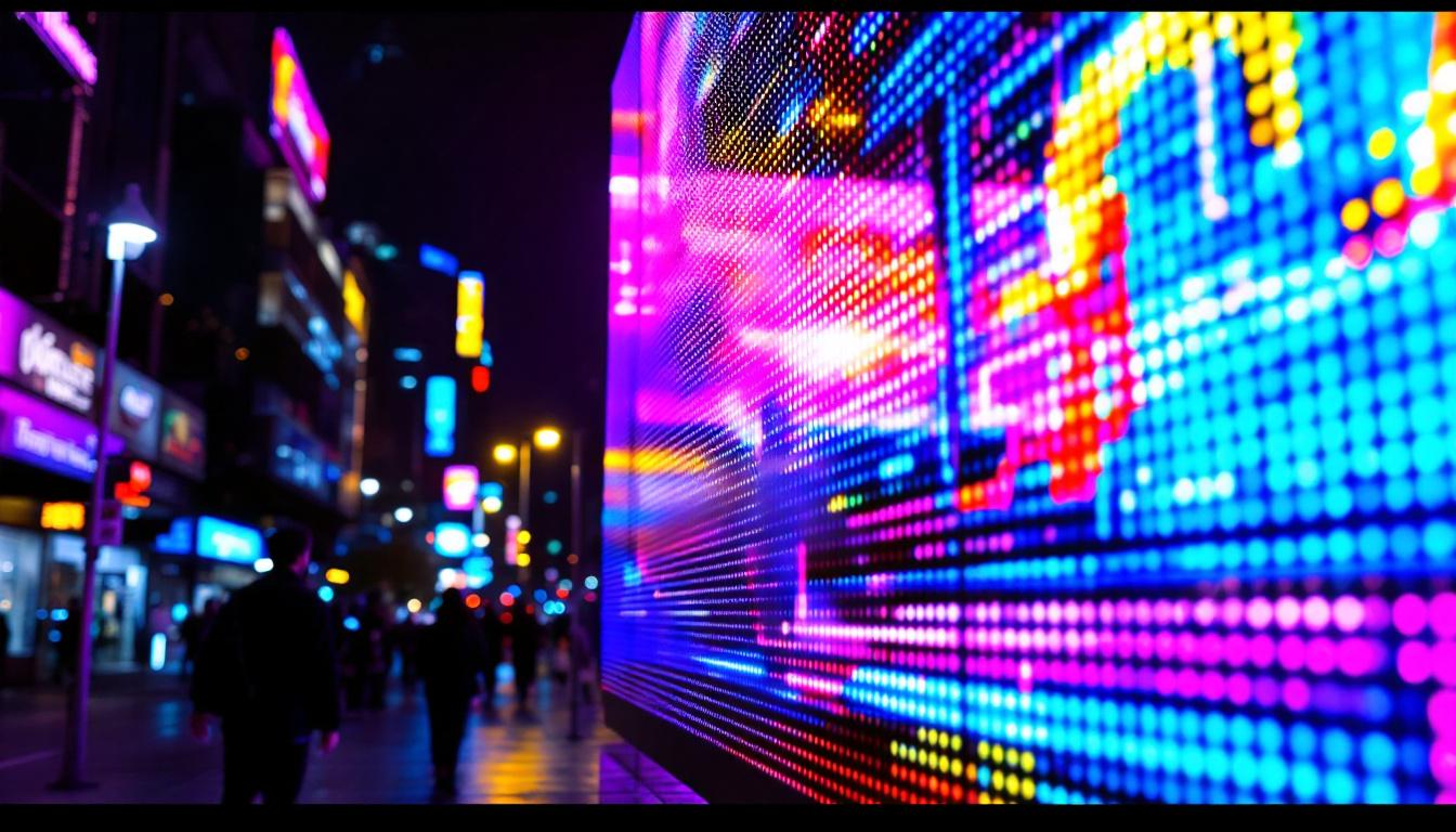 A photograph of a vibrant led display in an urban setting at night