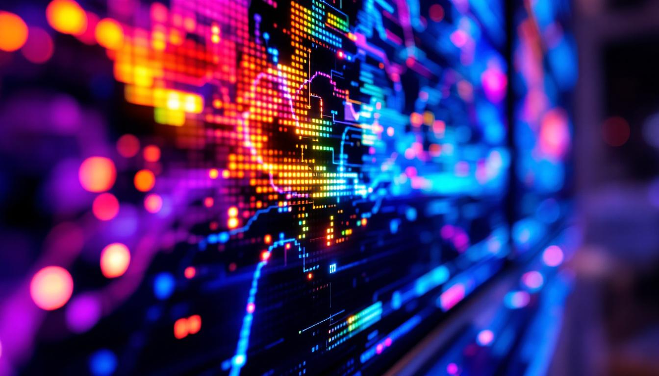 A photograph of a close-up shot of a high-resolution led display showcasing vibrant colors and detailed graphics