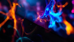 A photograph of a close-up shot of an lcd screen displaying a vibrant image alongside a contrasting black screen