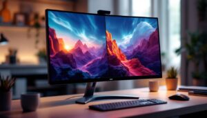 A photograph of a sleek curved monitor displaying a vibrant split-screen setup