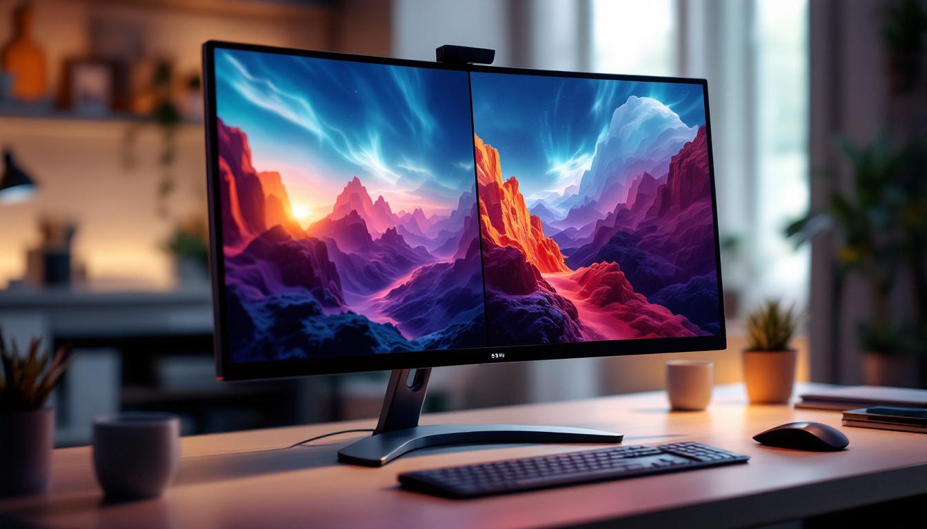 A photograph of a sleek curved monitor displaying a vibrant split-screen setup