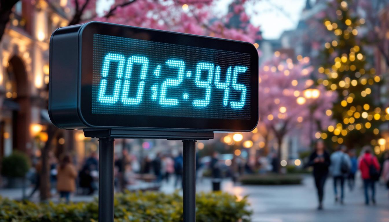 A photograph of a vibrant outdoor scene featuring a prominent led digital clock displaying the time clearly