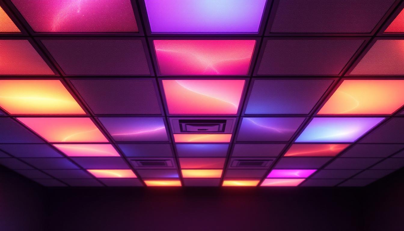 A photograph of capture a photograph of a stylishly designed room featuring 12x12 ceiling tiles with integrated led displays