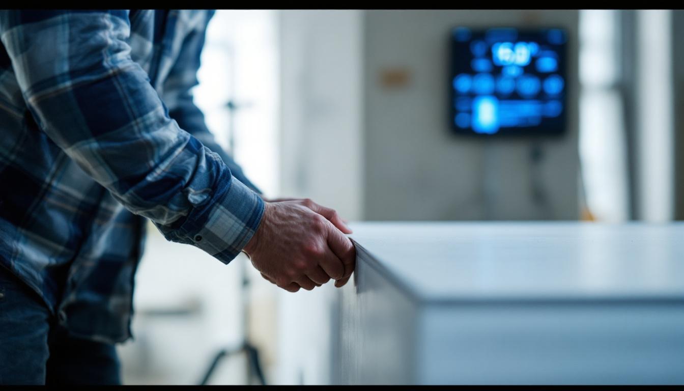 A photograph of capture a photograph of a construction worker measuring or installing sheet rock in a well-lit interior space