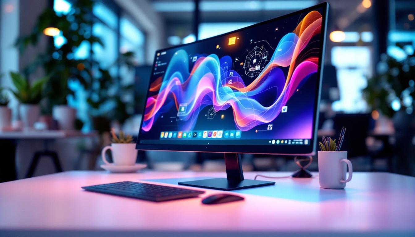 A photograph of a sleek desktop touch screen led display in a modern workspace