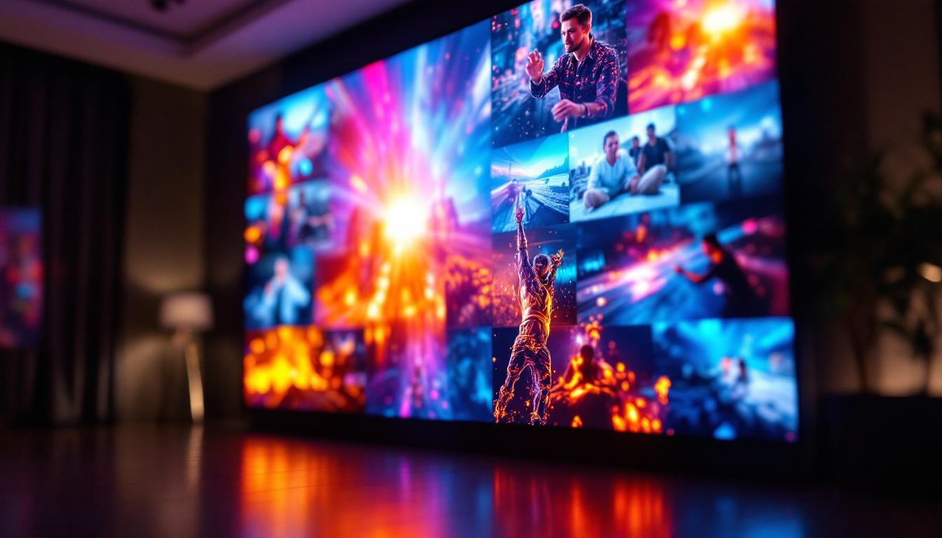 A photograph of a vibrant led display showcasing multiple videos seamlessly integrated together