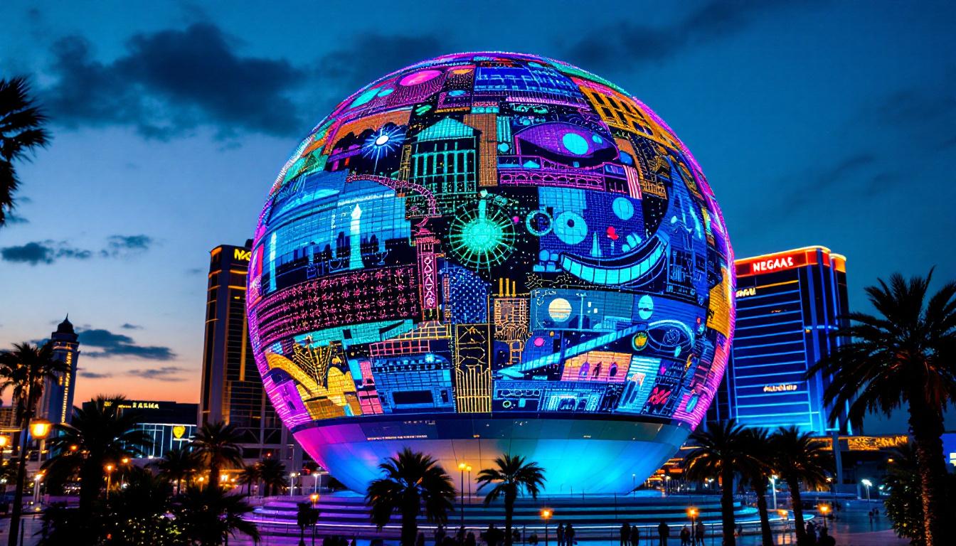 A photograph of the sphere in las vegas at dusk