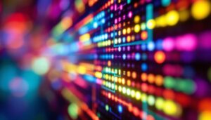 A photograph of a close-up of a vibrant led display showing dynamic colors and patterns