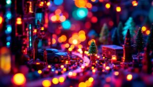 A photograph of a close-up arrangement of various micro led lights illuminating a detailed model scene