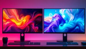 A photograph of a side-by-side comparison of an led and an lcd computer monitor displaying vibrant