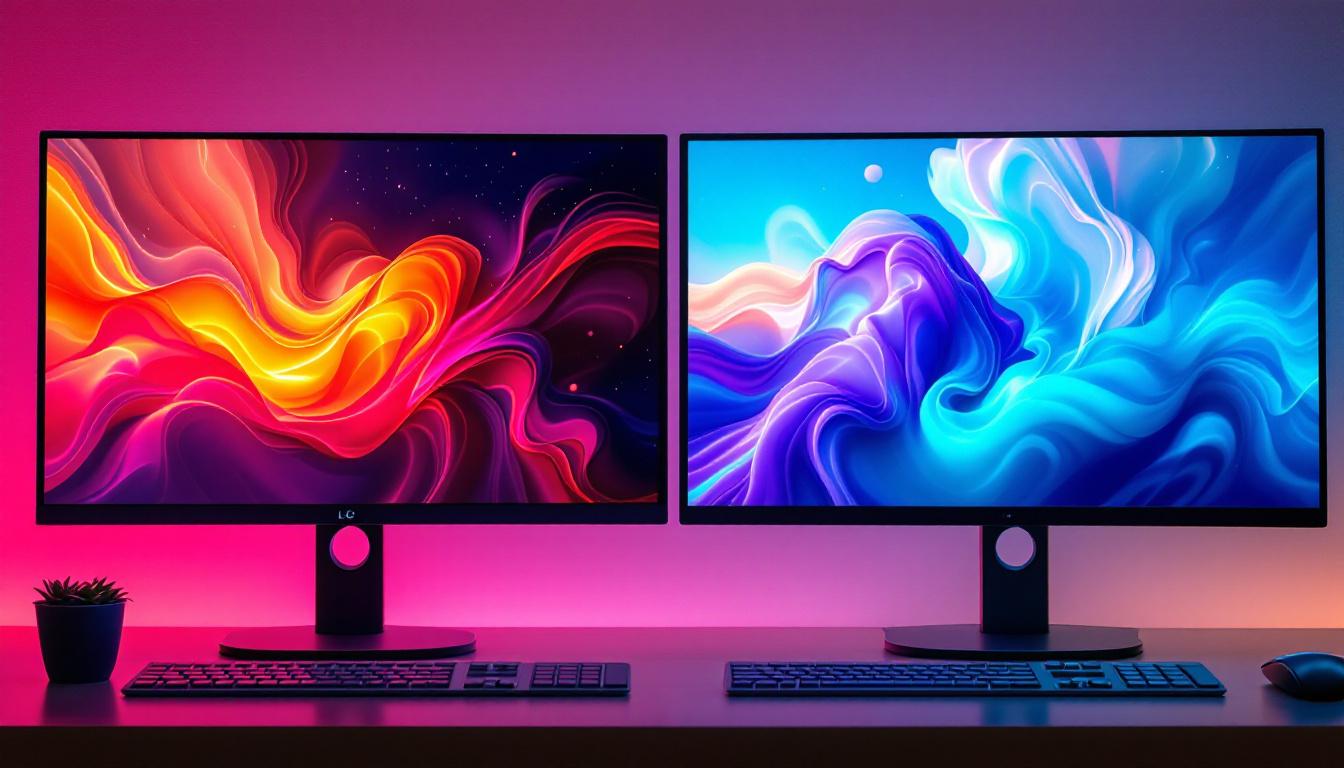A photograph of a side-by-side comparison of an led and an lcd computer monitor displaying vibrant