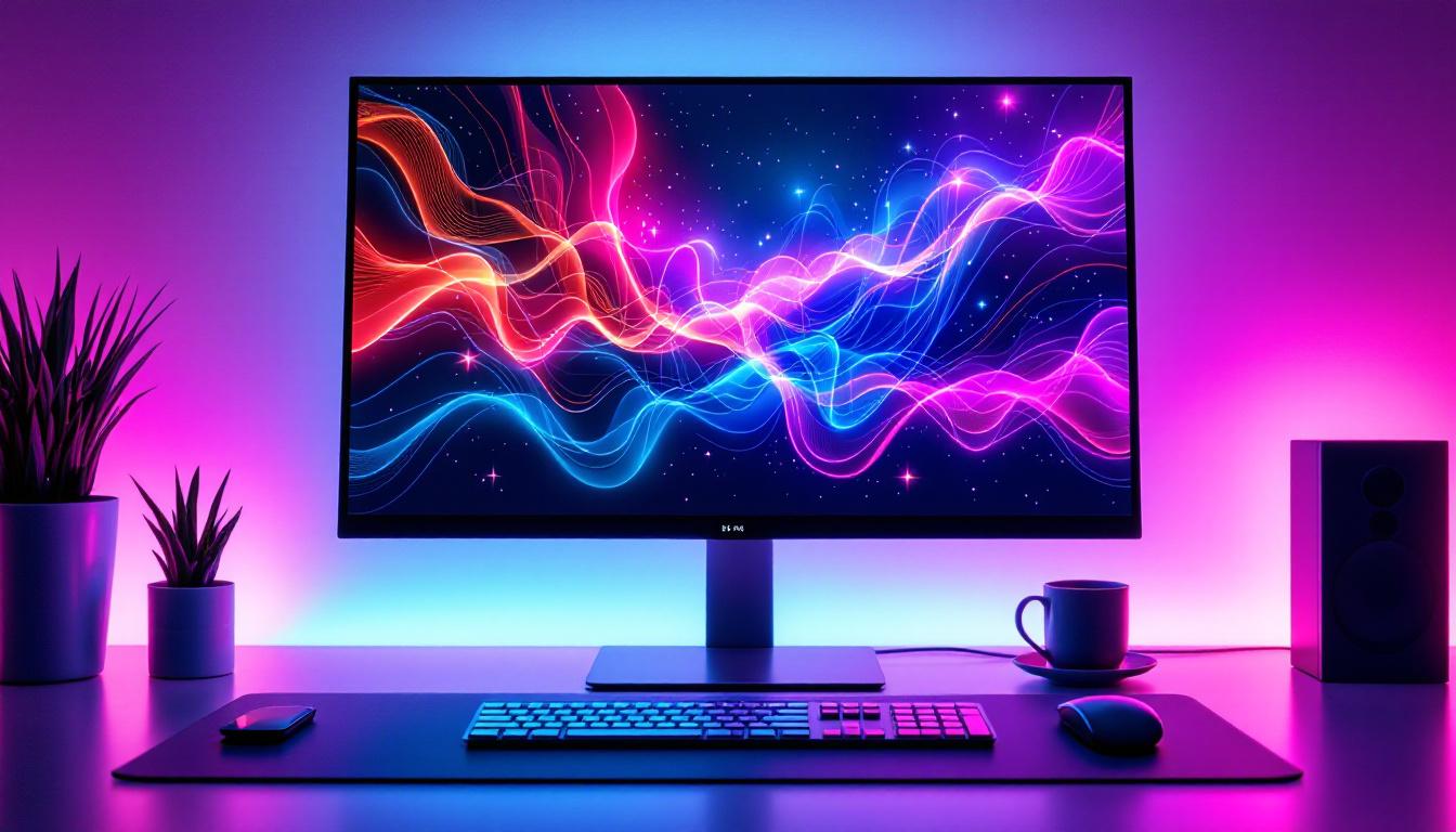 A photograph of a sleek 30-inch touch screen computer monitor displaying vibrant led graphics