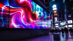 A photograph of a vibrant led display in a bustling urban environment