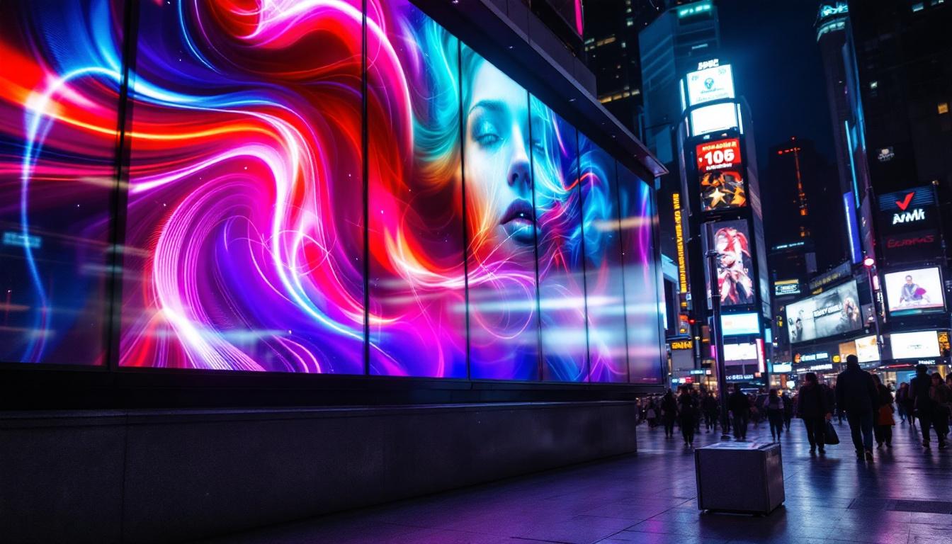 A photograph of a vibrant led display in a bustling urban environment