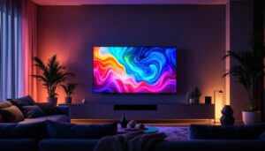 A photograph of a modern living room showcasing a vibrant led tv displaying vivid colors and sharp details