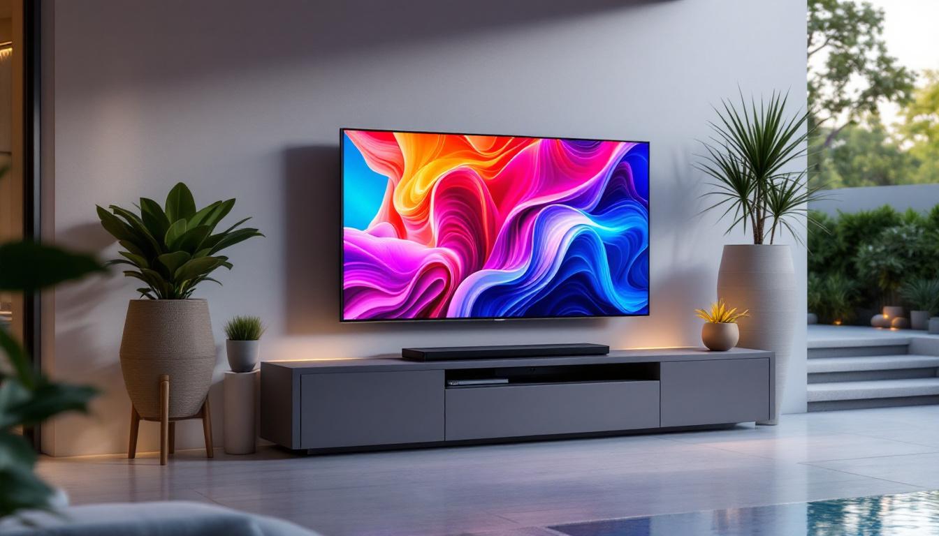 A photograph of a stylish outdoor television cabinet featuring a sleek led display