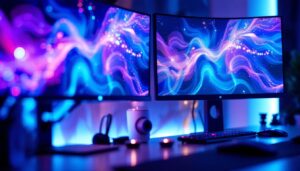 A photograph of a dual-monitor setup showcasing a vibrant led display on the second monitor