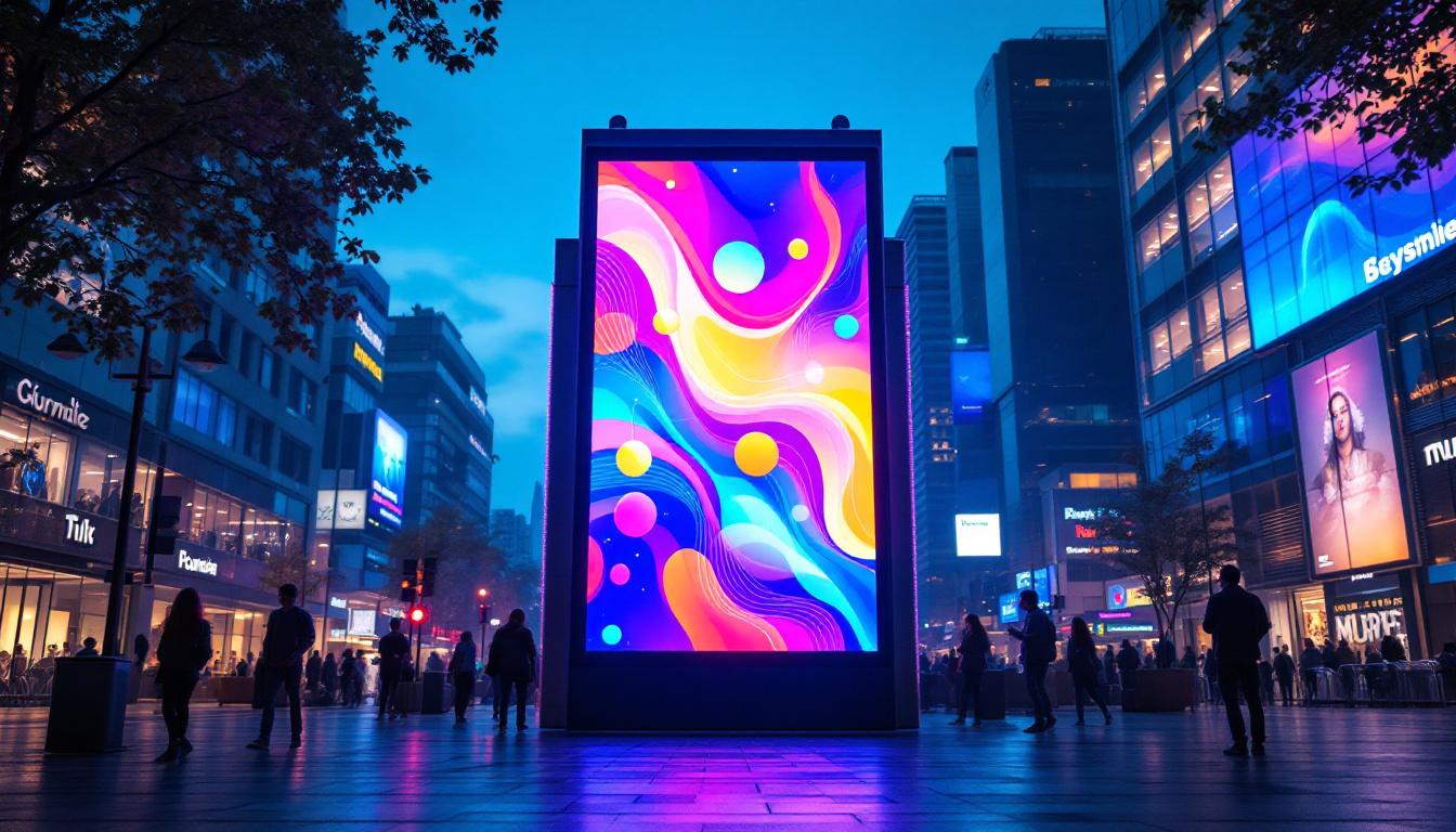 A photograph of a vibrant and dynamic led display in an urban setting