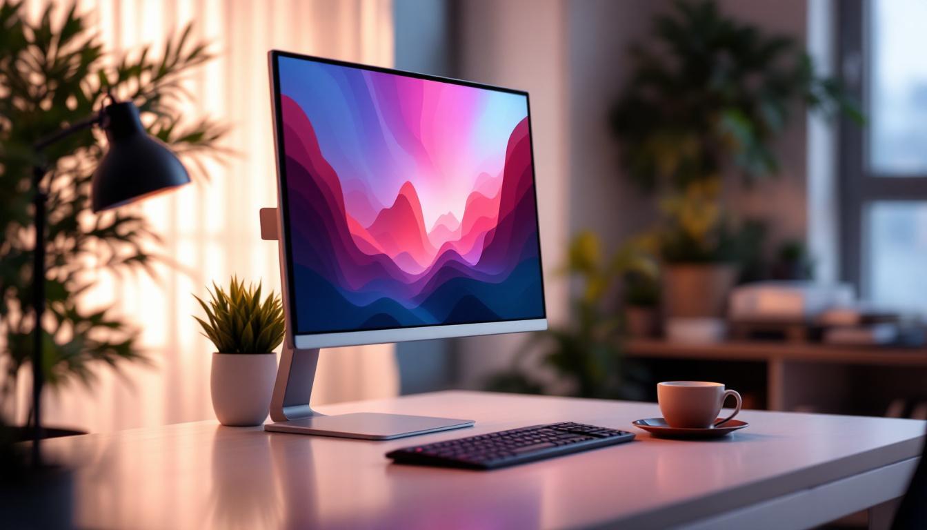 A photograph of a sleek and modern monitor stand showcasing an led display in a well-lit workspace