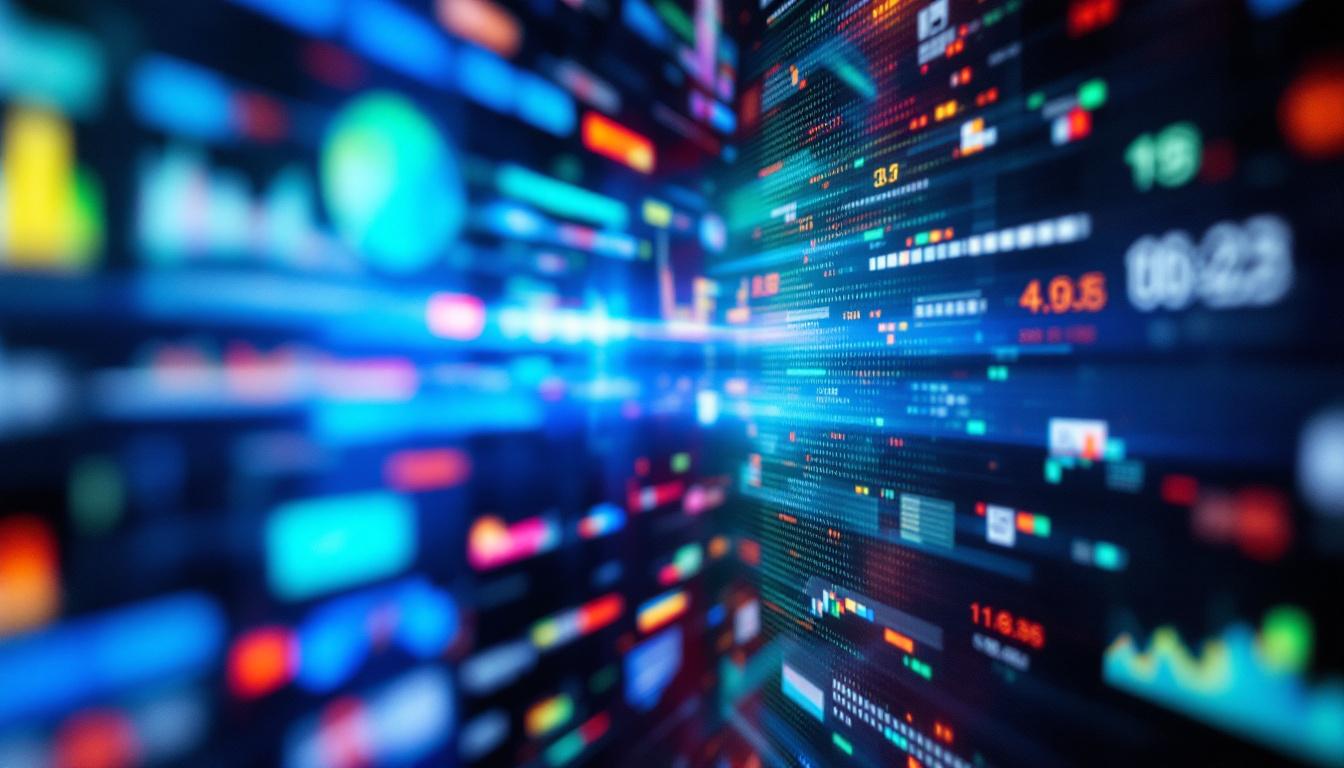 A photograph of a close-up shot of a vibrant led display screen showcasing dynamic visuals or data