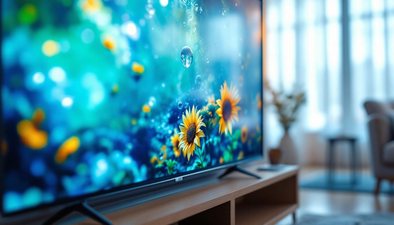 A photograph of a close-up view of a 4k led tv screen displaying vibrant
