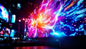 A photograph of a vibrant led display in an urban setting at night
