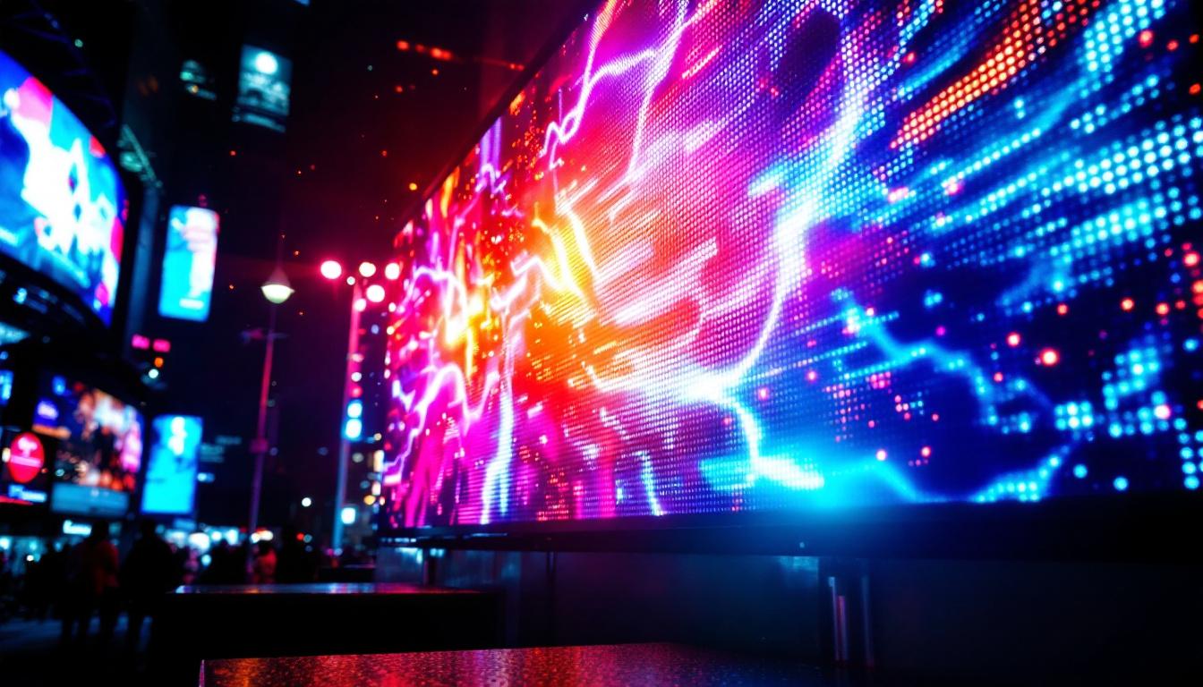 A photograph of a vibrant led display in an urban setting at night
