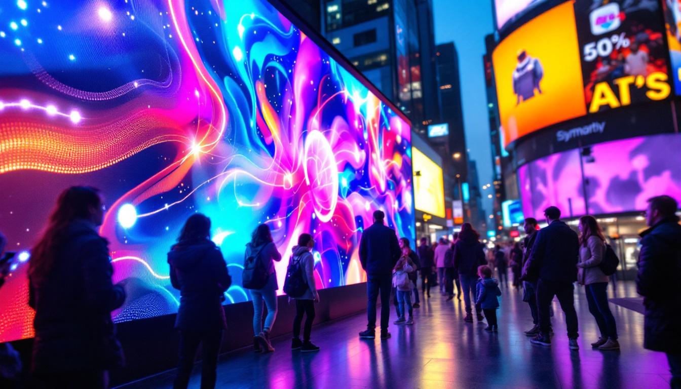 A photograph of a vibrant led display in a dynamic urban setting