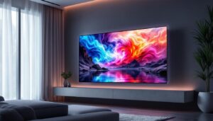 A photograph of a sleek ultra-wide led tv displaying vibrant