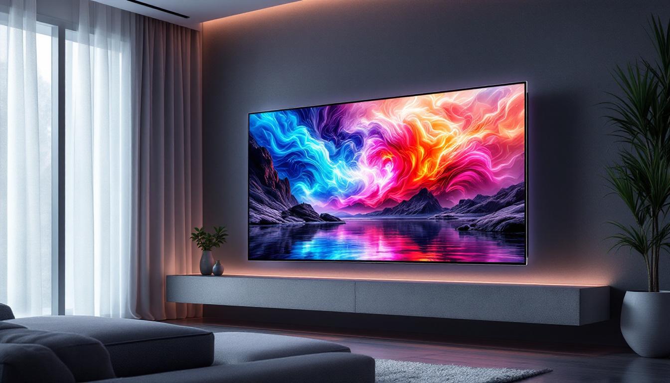 A photograph of a sleek ultra-wide led tv displaying vibrant