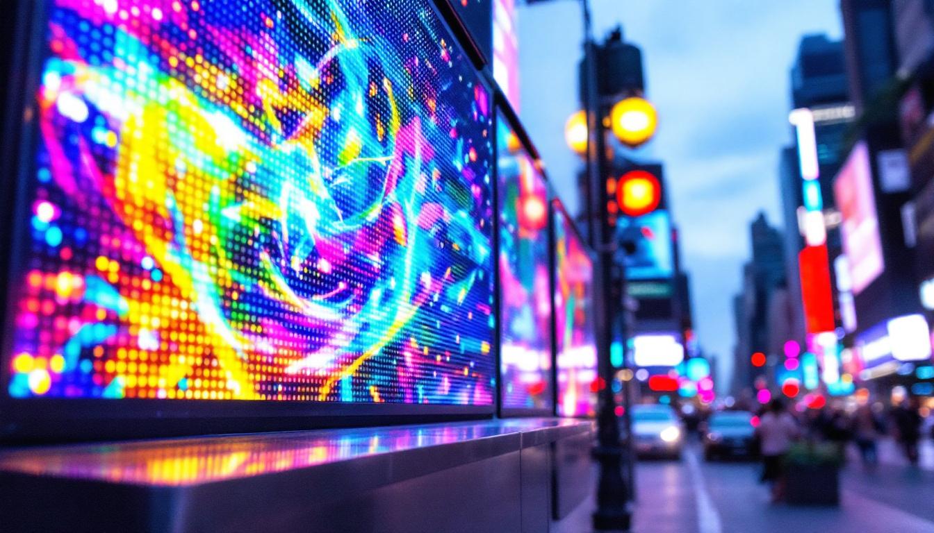 A photograph of a vibrant led display in a bustling urban environment
