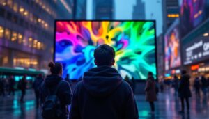 A photograph of capture a photograph of a vibrant led display in an urban setting