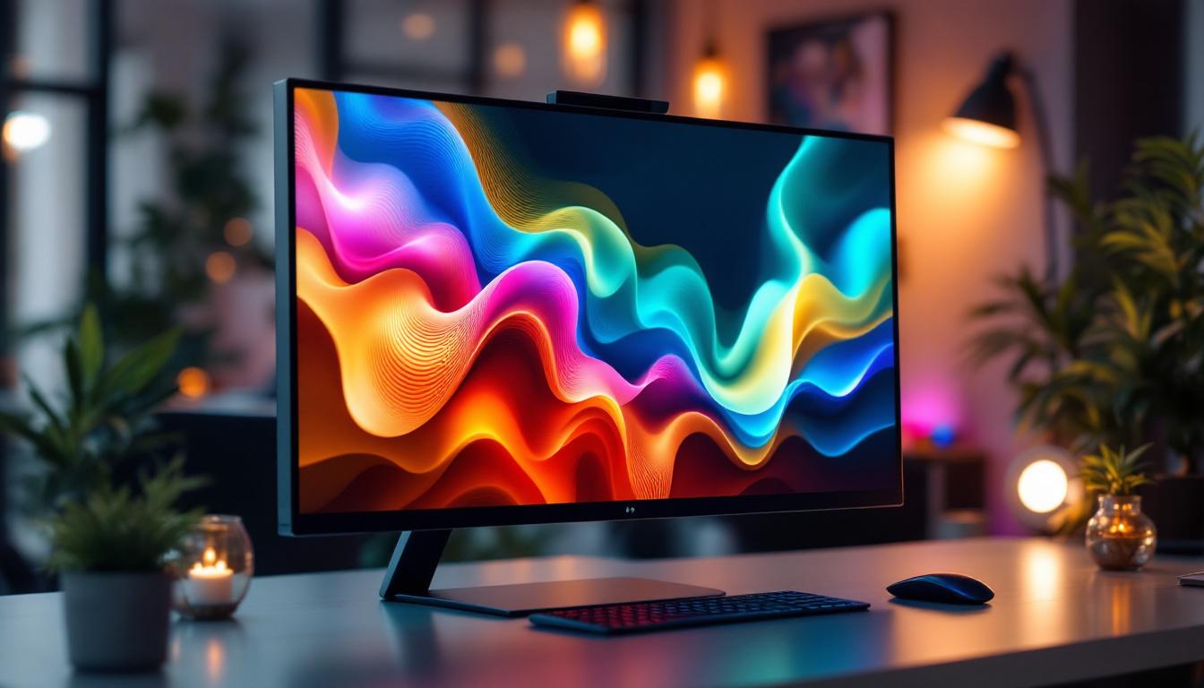 A photograph of a sleek all-in-one touch screen monitor in a modern workspace