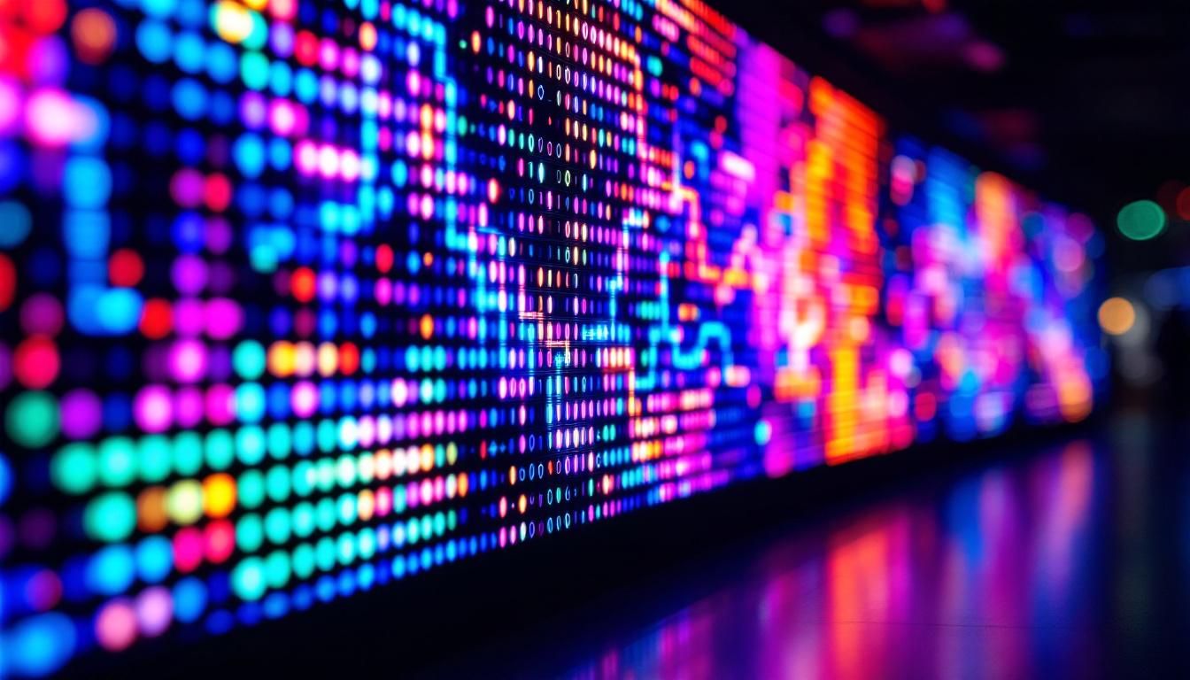 A photograph of a vibrant led display showcasing dynamic visuals