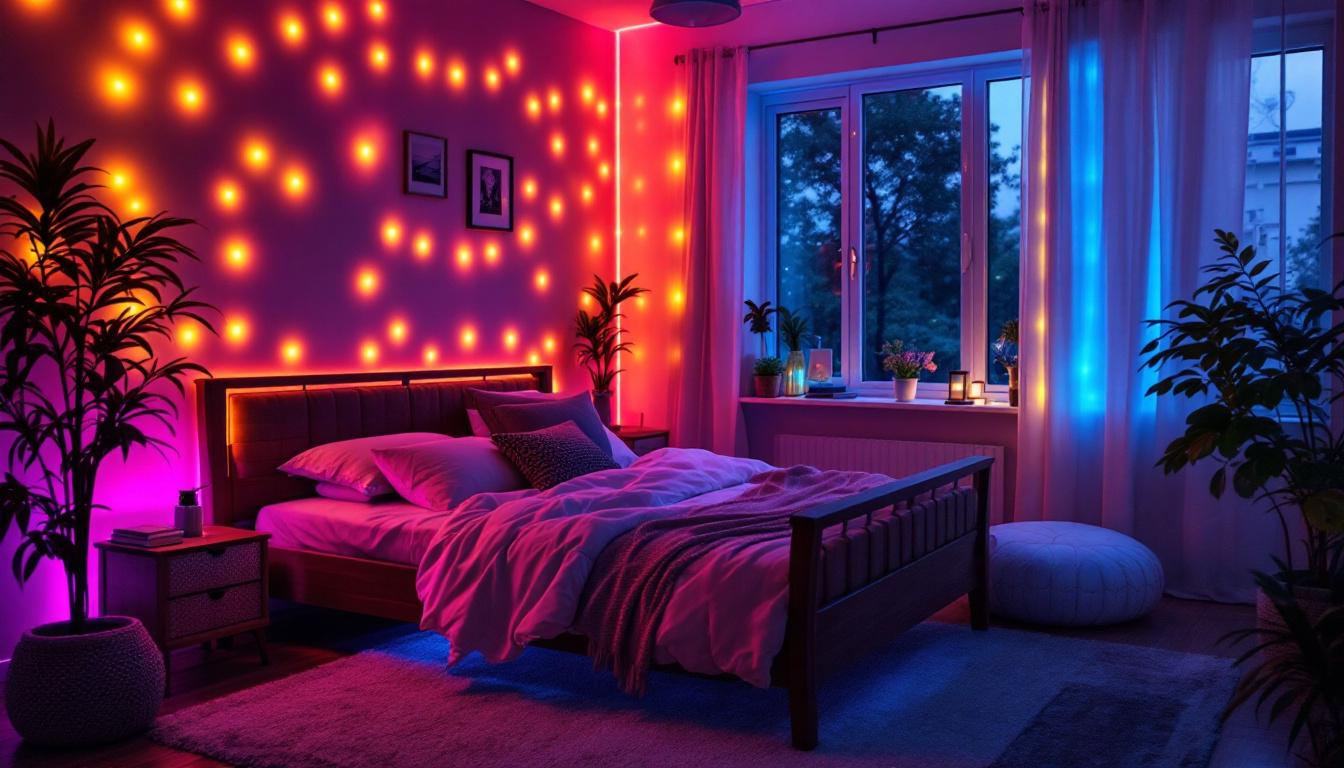 A photograph of a cozy bedroom illuminated by vibrant led strip lights