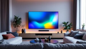 A photograph of a modern living room featuring a large led tv screen displaying vibrant colors