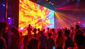 A photograph of a vibrant led display in action at a lively event or party setting in hillsboro