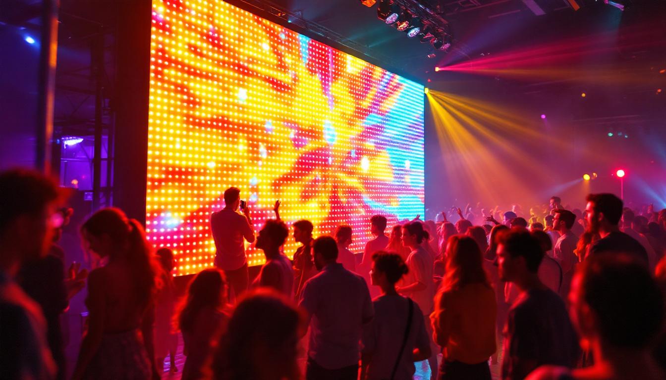 A photograph of a vibrant led display in action at a lively event or party setting in hillsboro