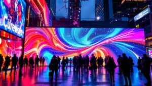 A photograph of a vibrant led display in a dynamic urban setting