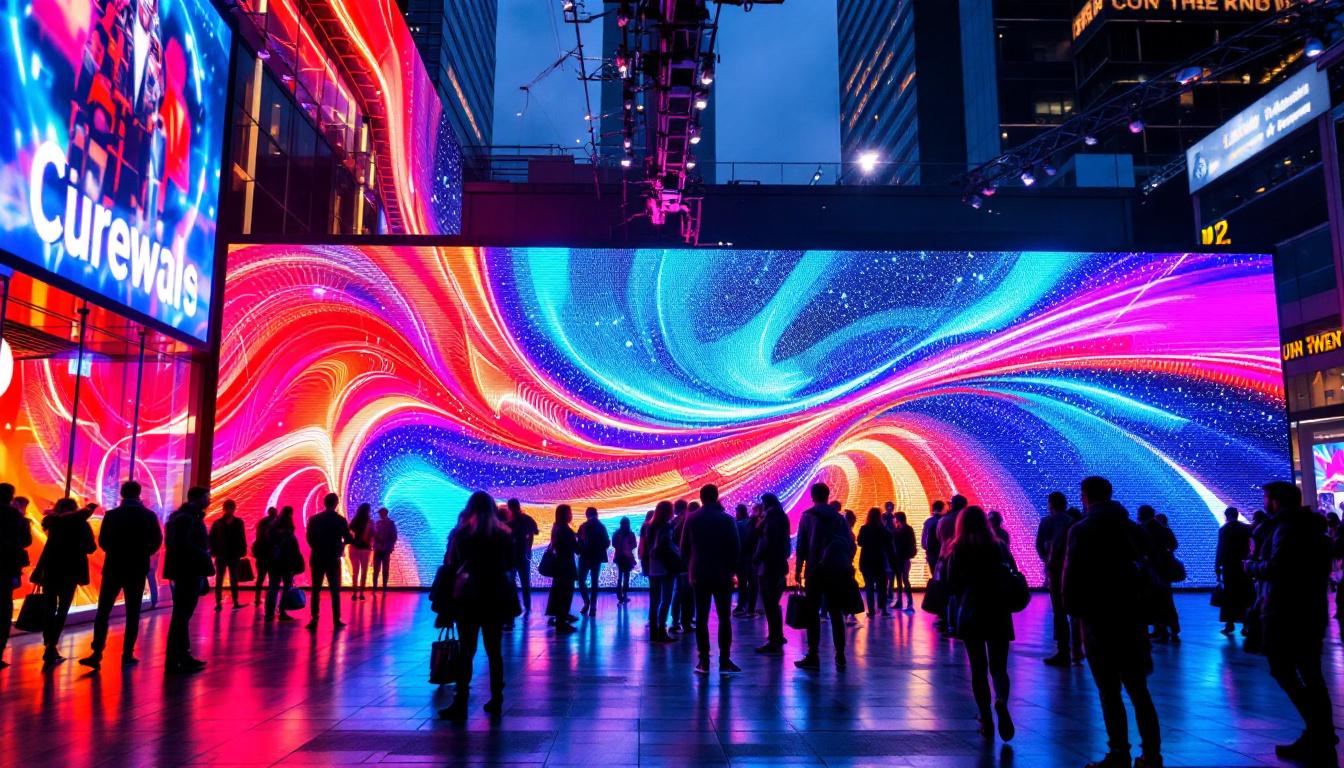 A photograph of a vibrant led display in a dynamic urban setting